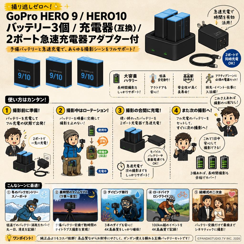 GoPro HERO 9 / HERO10 バッテリー 3個 / 充電器（互換）/ 2ポート 急速充電器アダプター付 用途