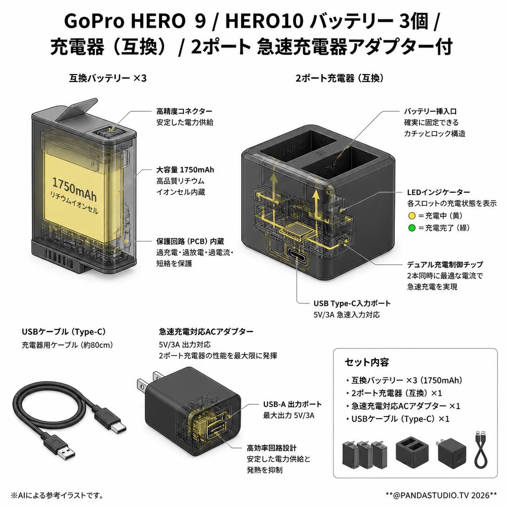GoPro HERO 9 / HERO10 バッテリー 3個 / 充電器（互換）/ 2ポート 急速充電器アダプター付 スペック