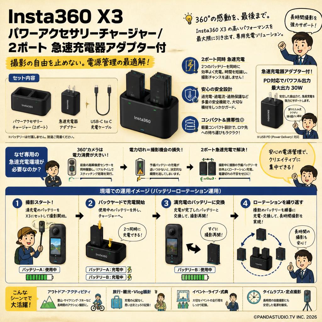 Insta360 X3 パワーアクセサリーチャージャー/  2ポート 急速充電器アダプター付 概要