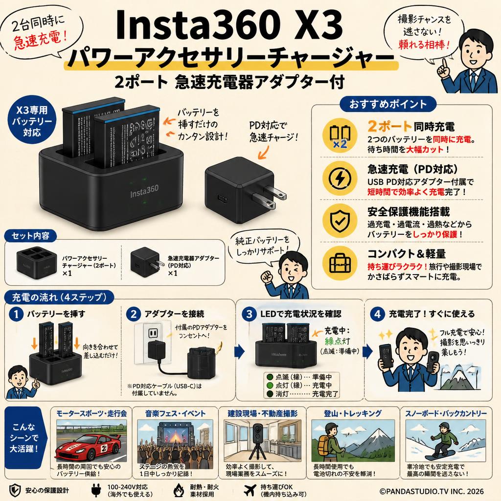 Insta360 X3 パワーアクセサリーチャージャー/  2ポート 急速充電器アダプター付 用途