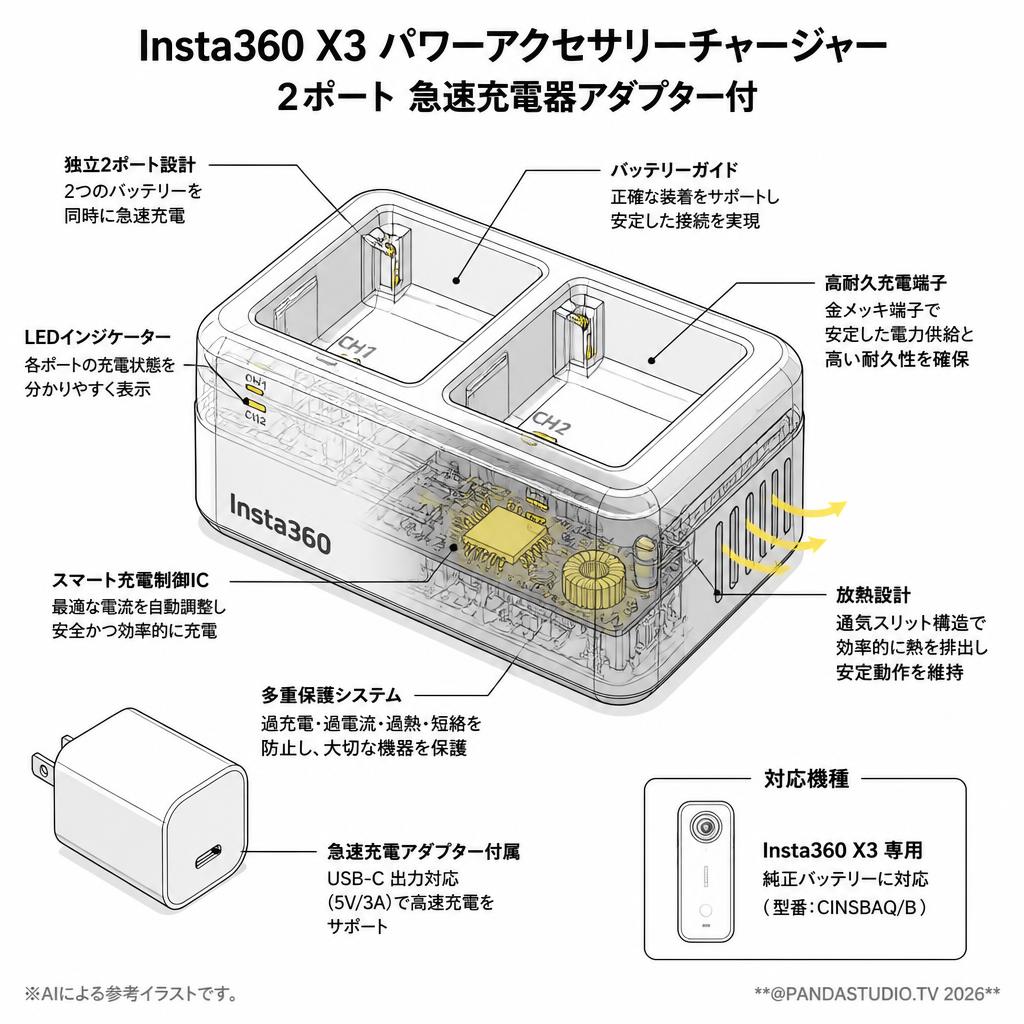 Insta360 X3 パワーアクセサリーチャージャー/  2ポート 急速充電器アダプター付 スペック