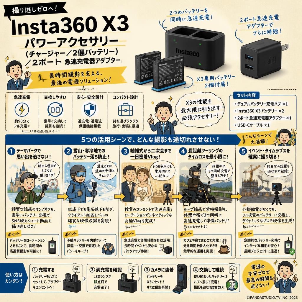 Insta360 X3 パワーアクセサリー（チャージャー/ 2個バッテリー）/  2ポート 急速充電器アダプター付 用途