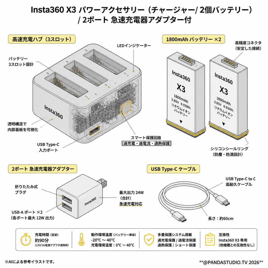 Insta360 X3 パワーアクセサリー（チャージャー/ 2個バッテリー）/  2ポート 急速充電器アダプター付 スペック