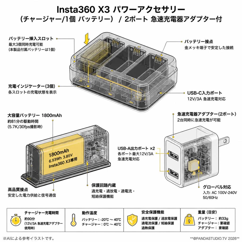 Insta360 X3 パワーアクセサリー（チャージャー/1個 バッテリー）/  2ポート 急速充電器アダプター付 スペック