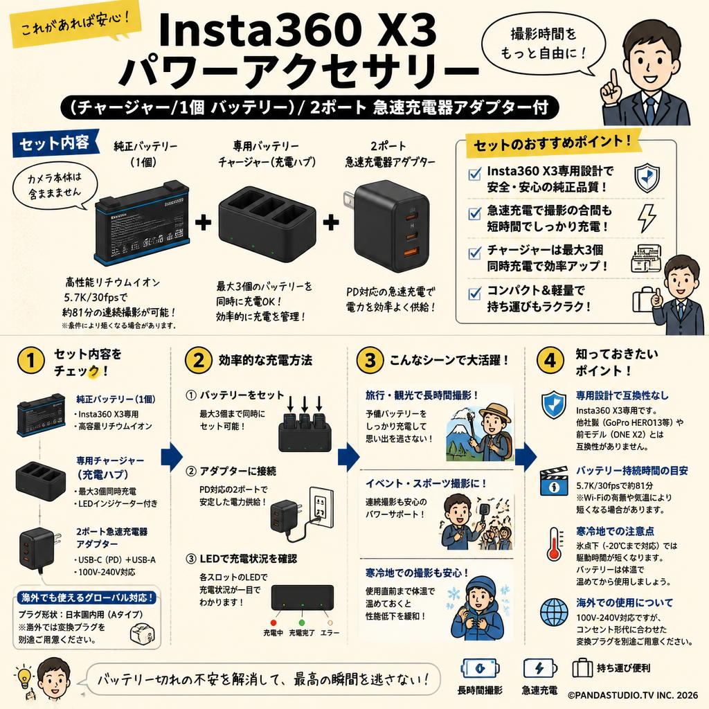 Insta360 X3 パワーアクセサリー（チャージャー/1個 バッテリー）/  2ポート 急速充電器アダプター付 FAQ（よくある質問と答え）
