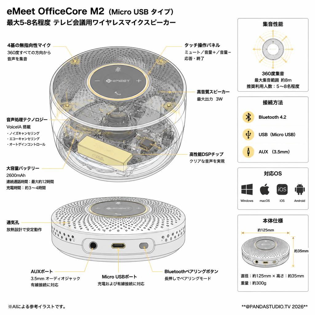 eMeet OfficeCore M2 (Micro USB タイプ）最大5-8名程度 テレビ会議用ワイヤレスマイクスピーカー スペック