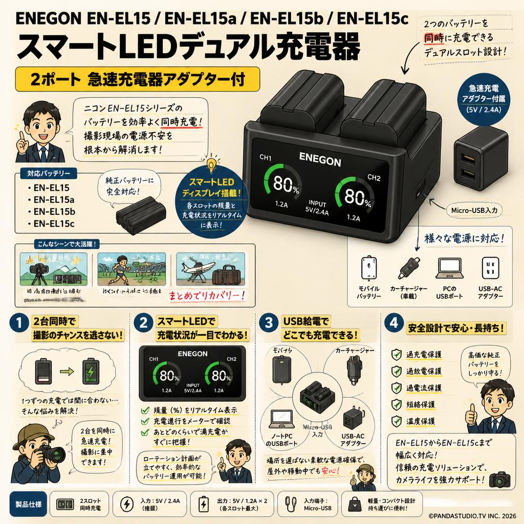 ENEGON EN-EL15 EN-EL15a EN-EL15b EN-EL15c スマートLEDデュアル充電器 / 2ポート 急速充電器アダプター付 概要