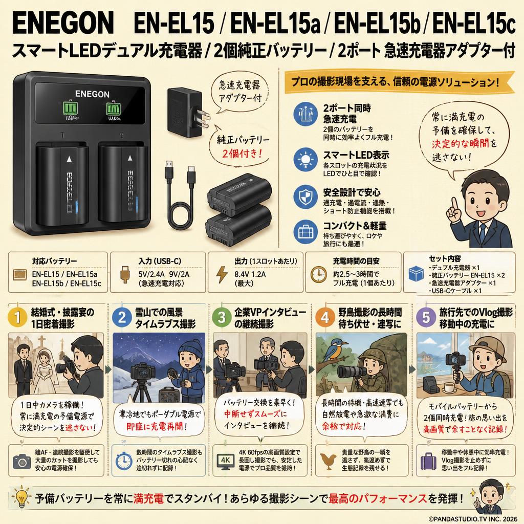 ENEGON EN-EL15 EN-EL15a EN-EL15b EN-EL15c スマートLEDデュアル充電器 / 2個純正バッテリー/ 2ポート 急速充電器アダプター付 用途