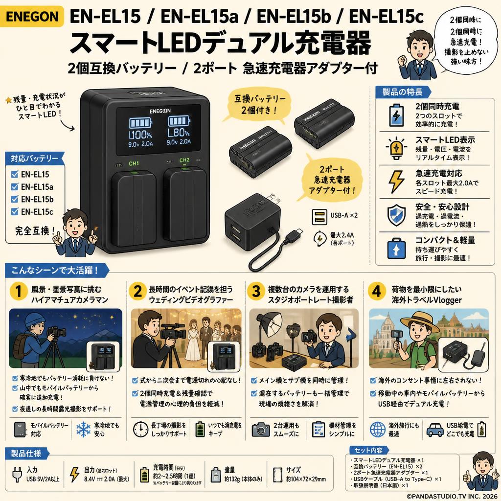 ENEGON EN-EL15 EN-EL15a EN-EL15b EN-EL15c スマートLEDデュアル充電器 / 2個互換バッテリー/ 2ポート 急速充電器アダプター付 おもな対象のお客様