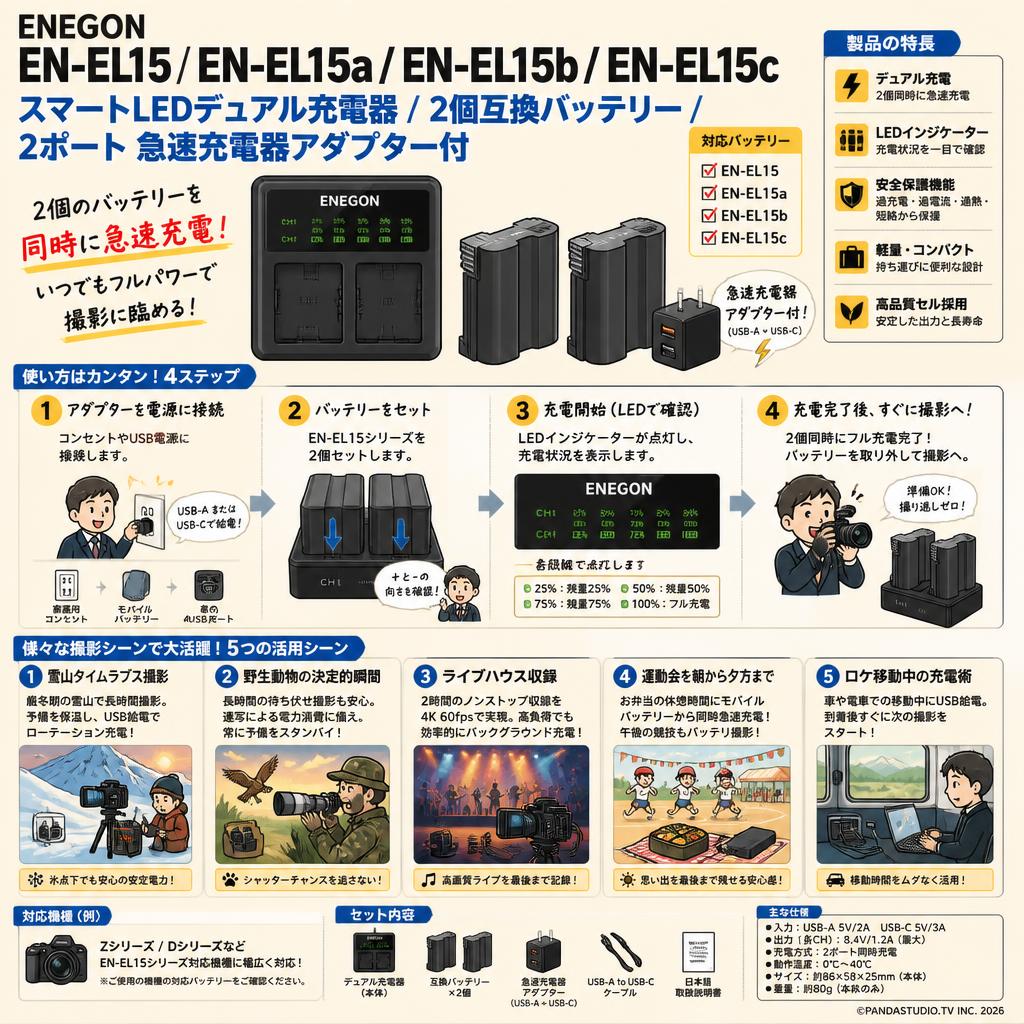 ENEGON EN-EL15 EN-EL15a EN-EL15b EN-EL15c スマートLEDデュアル充電器 / 2個互換バッテリー/ 2ポート 急速充電器アダプター付 用途