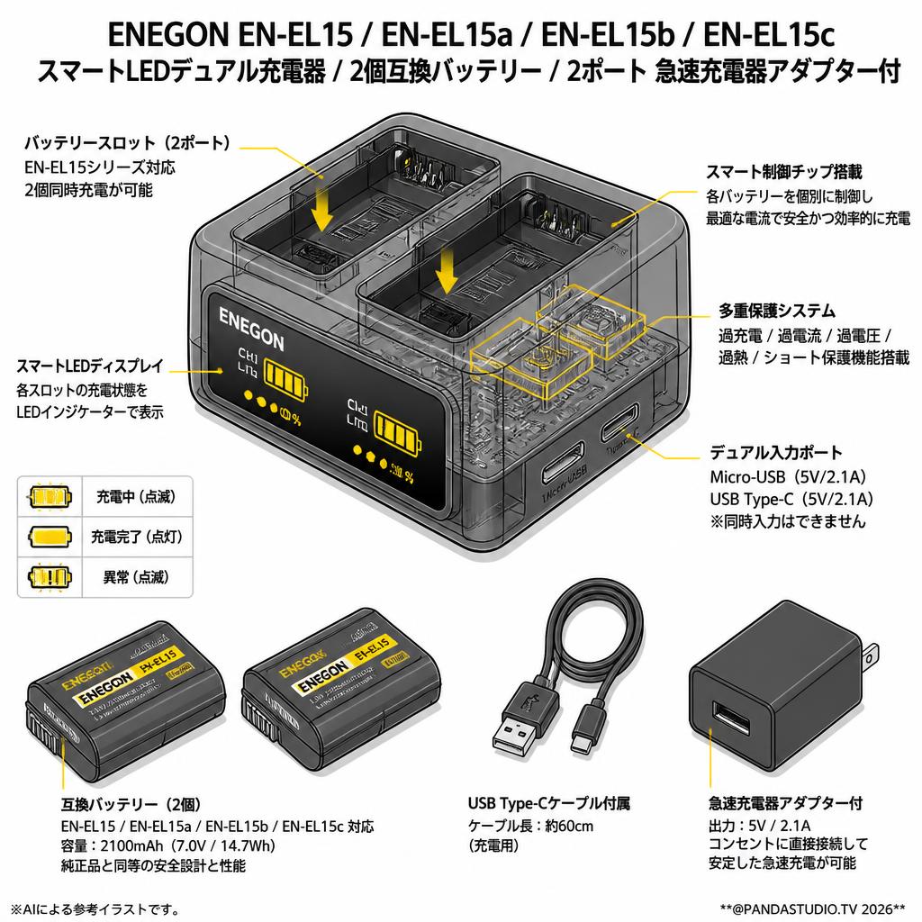 ENEGON EN-EL15 EN-EL15a EN-EL15b EN-EL15c スマートLEDデュアル充電器 / 2個互換バッテリー/ 2ポート 急速充電器アダプター付 スペック