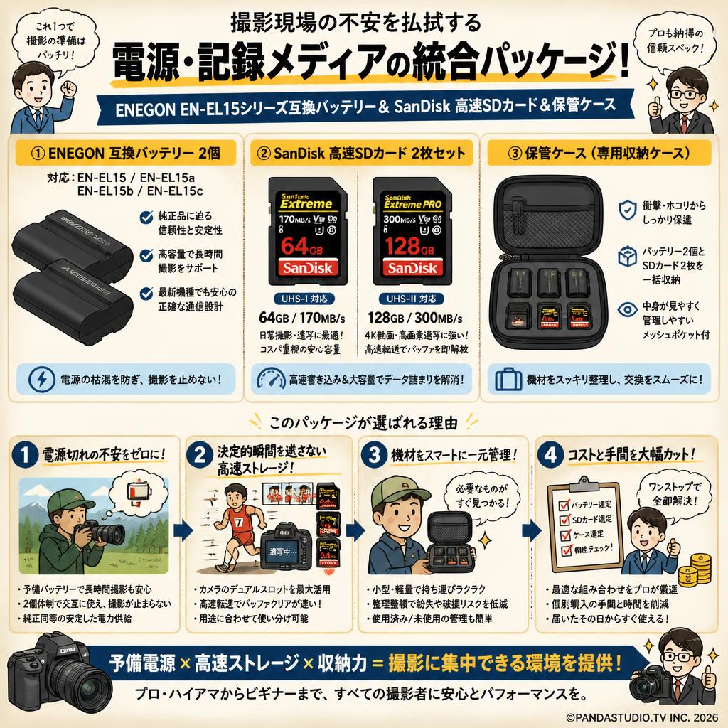 ENEGON EN-EL15 EN-EL15a EN-EL15b EN-EL15c 2個互換バッテリー/ Sandisk 【64GB/170MB+128GB /300MB】/ 保管ケース 概要