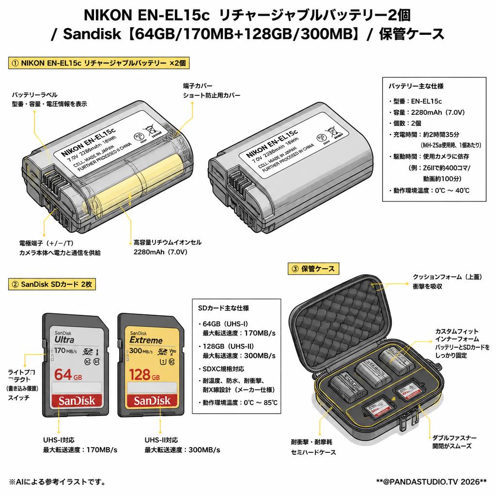 NIKON EN-EL15c リチャージャブルバッテリー2個/ Sandisk 【64GB/170MB+128GB /300MB】/ 保管ケース スペック
