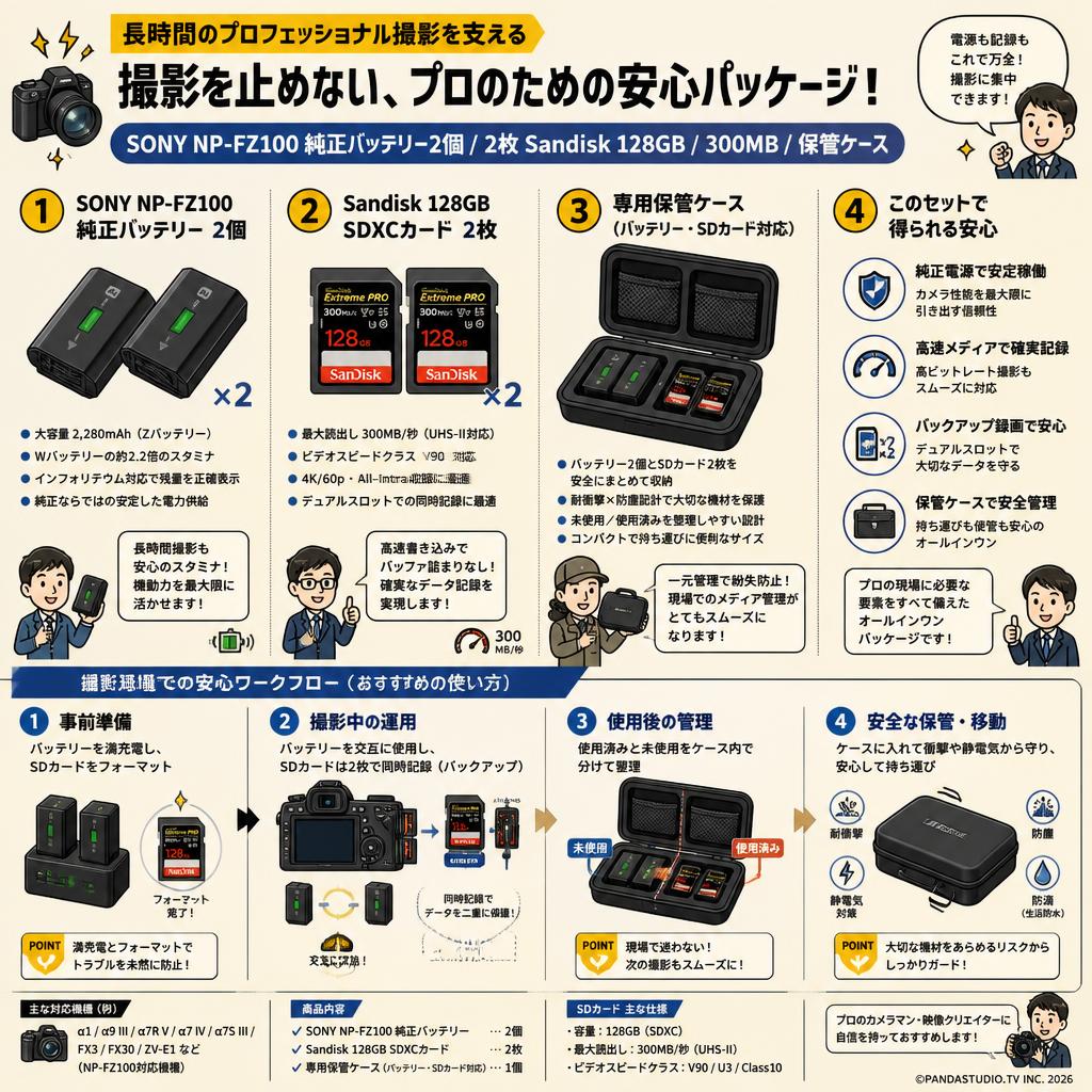 SONY NP-FZ100 純正バッテリー2個/ 2枚 Sandisk 128GB /300MB / 保管ケース 概要