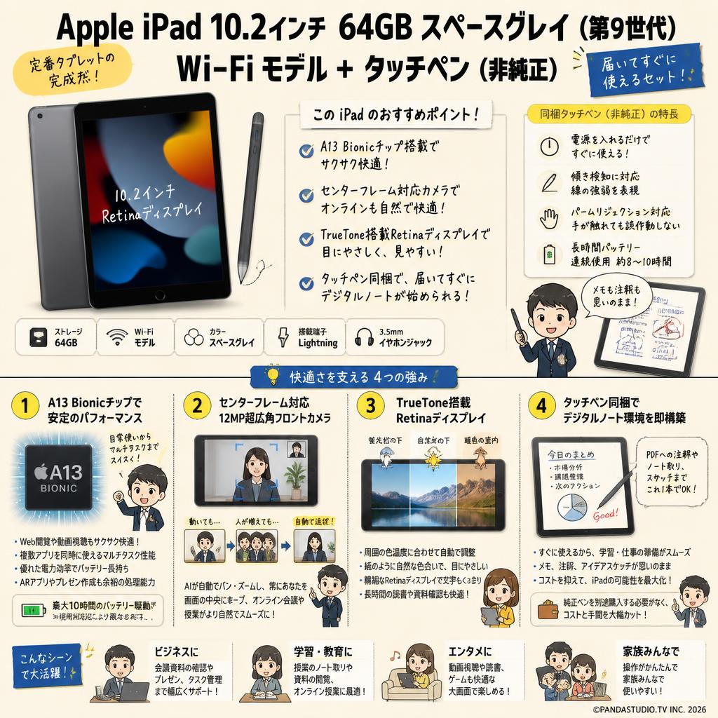 Apple iPad 10.2インチ 64GB スペースグレイ（第9世代）Wi-Fiモデル＋ タッチペン（非純正） 概要