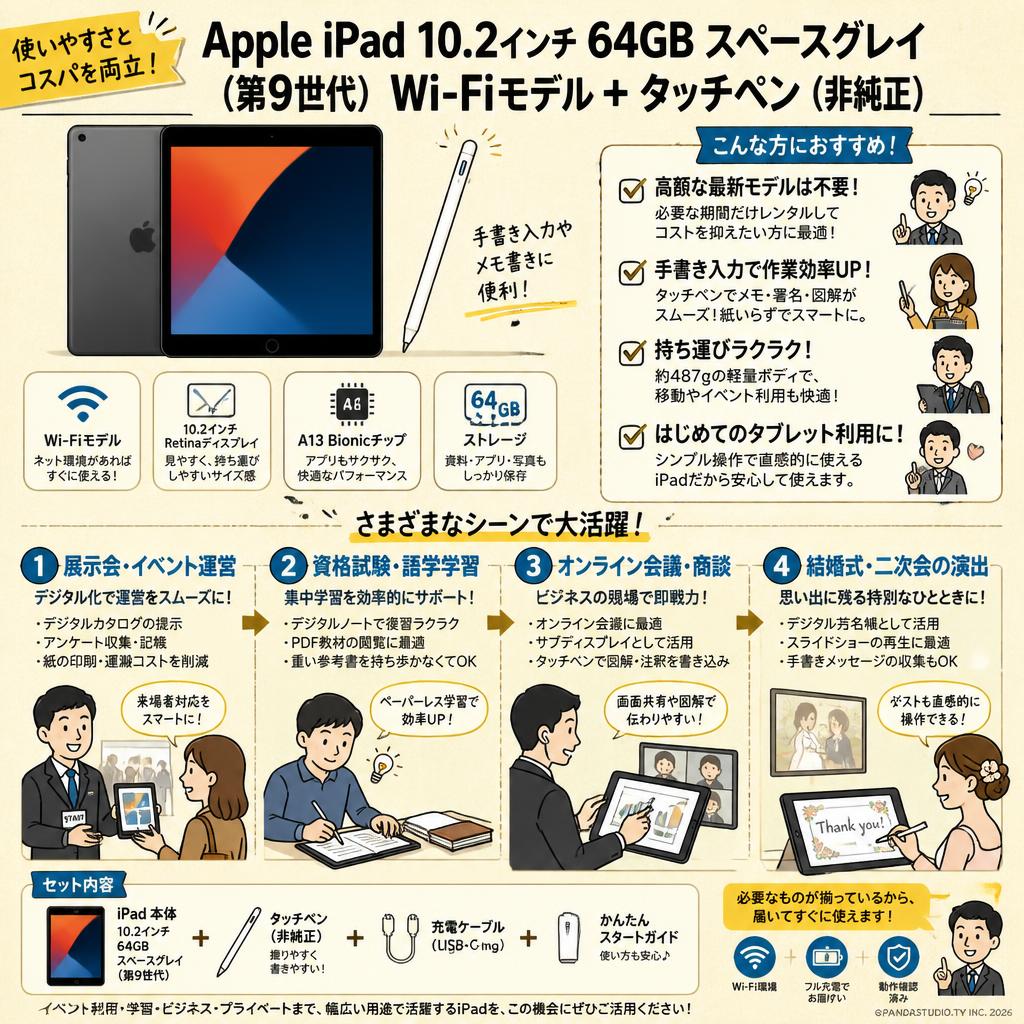 Apple iPad 10.2インチ 64GB スペースグレイ（第9世代）Wi-Fiモデル＋ タッチペン（非純正） おもな対象のお客様