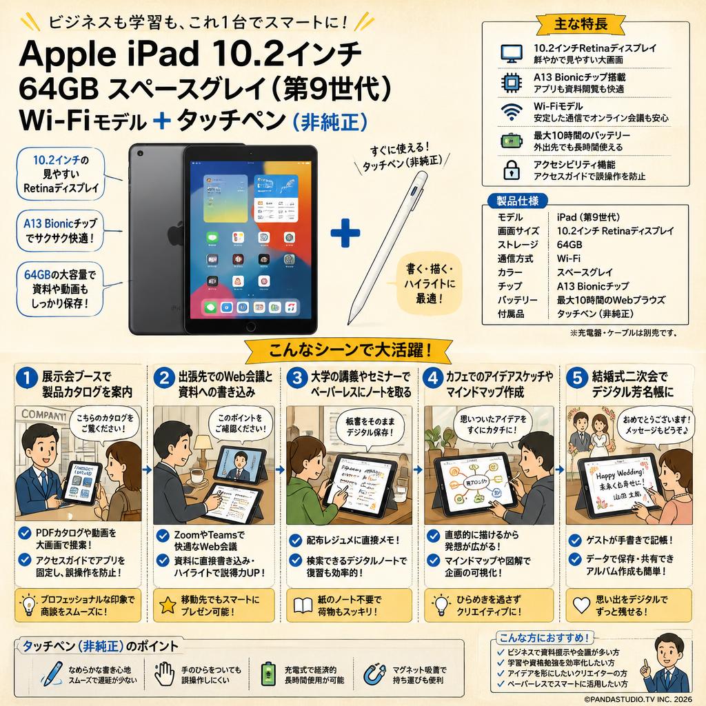 Apple iPad 10.2インチ 64GB スペースグレイ（第9世代）Wi-Fiモデル＋ タッチペン（非純正） 用途