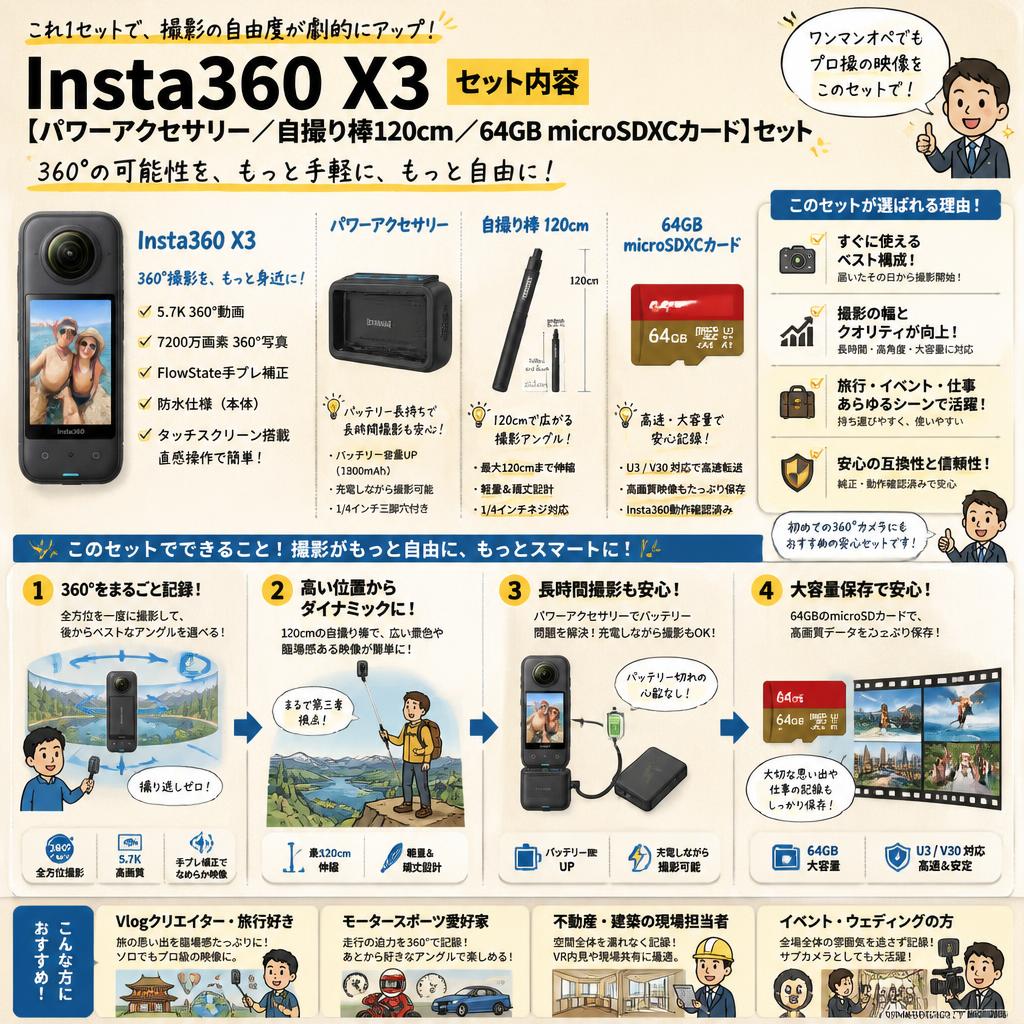 Insta360 X3 【 パワーアクセサリー/ 自撮り棒 120cm /  64GB microSDXCカード 】セット おもな対象のお客様