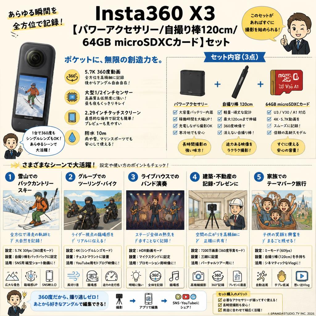 Insta360 X3 【 パワーアクセサリー/ 自撮り棒 120cm /  64GB microSDXCカード 】セット 用途