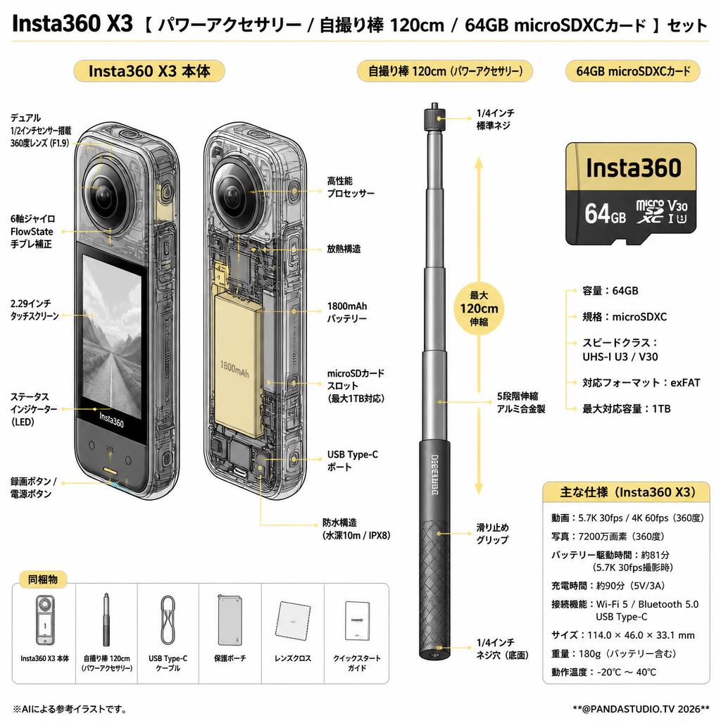 Insta360 X3 【 パワーアクセサリー/ 自撮り棒 120cm /  64GB microSDXCカード 】セット スペック
