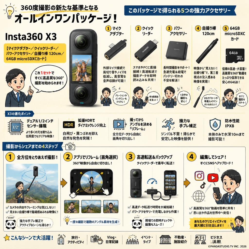 Insta360 X3 【 マイクアダプター/ クイックリーダー / パワーアクセサリー/ 自撮り棒 120cm / 64GB microSDXCカード 】 概要