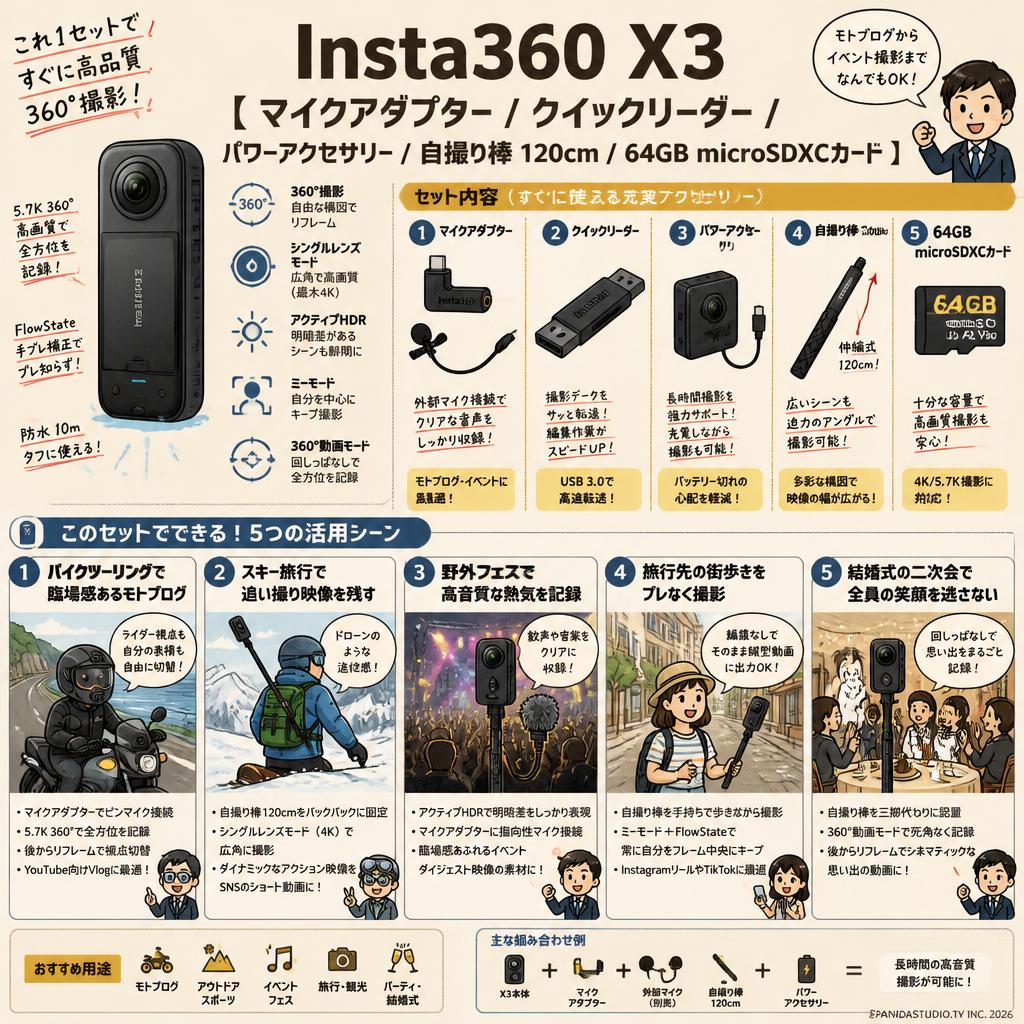 Insta360 X3 【 マイクアダプター/ クイックリーダー / パワーアクセサリー/ 自撮り棒 120cm / 64GB microSDXCカード 】 用途