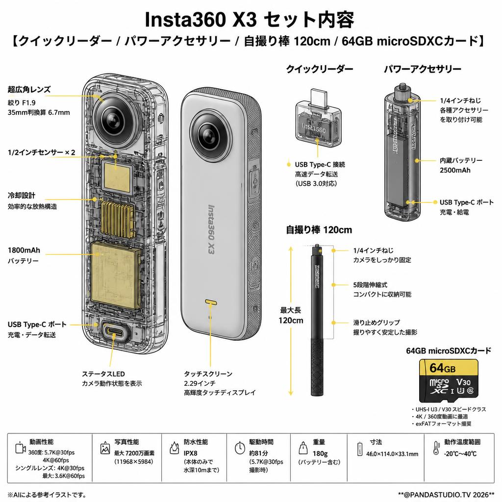 Insta360 X3 【 クイックリーダー / パワーアクセサリー/ 自撮り棒 120cm /  64GB microSDXCカード 】セット スペック