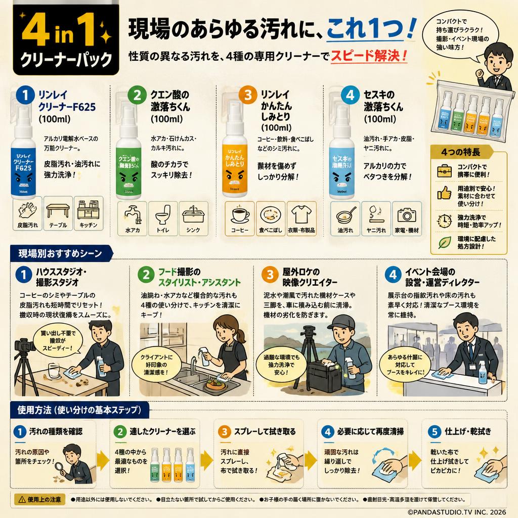 4 in 1 クリーナーパック【リンレイ クリーナーF625（100ml) /クエン酸の 激落ちくん(100ml) / リンレイ かんたん しみとり(100ml) / セスキの激落ちくん (100ml) 】 おもな対象のお客様