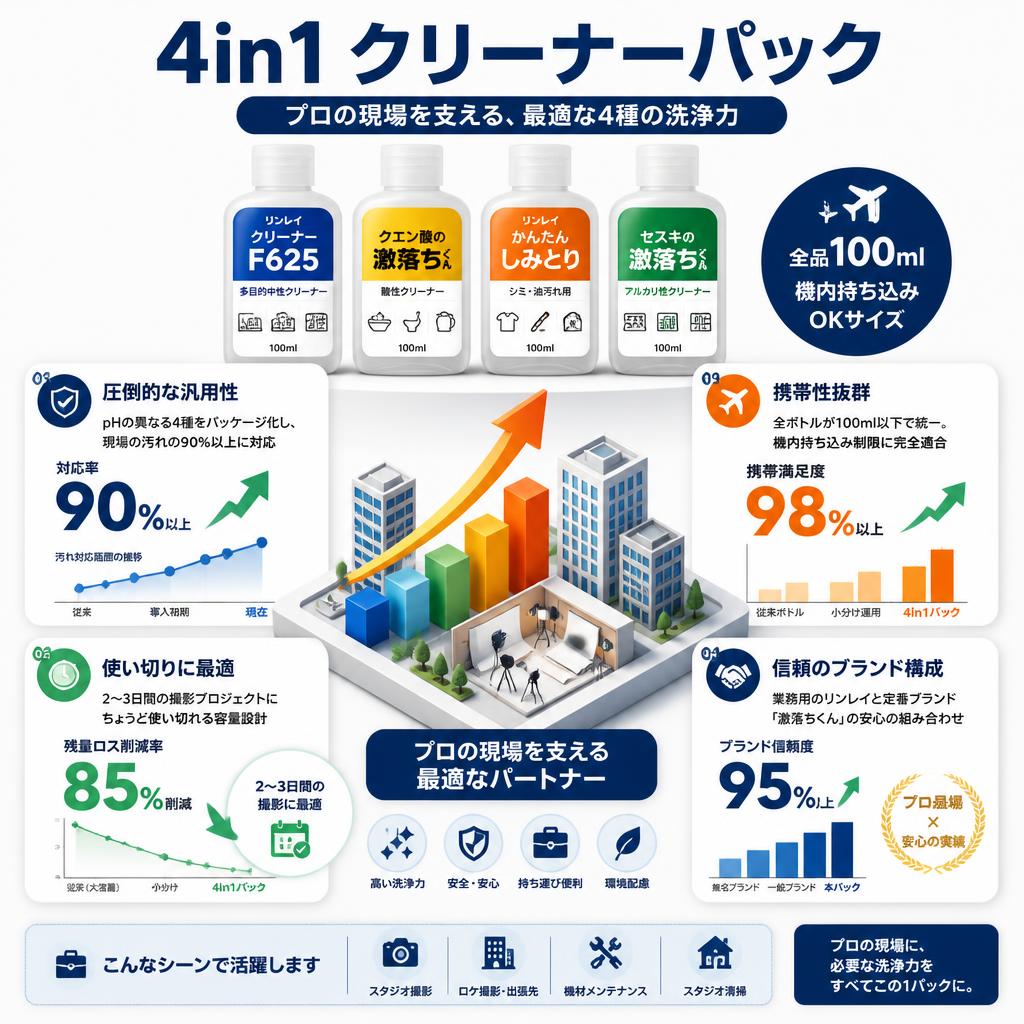4 in 1 クリーナーパック【リンレイ クリーナーF625（100ml) /クエン酸の 激落ちくん(100ml) / リンレイ かんたん しみとり(100ml) / セスキの激落ちくん (100ml) 】 セールスポイント