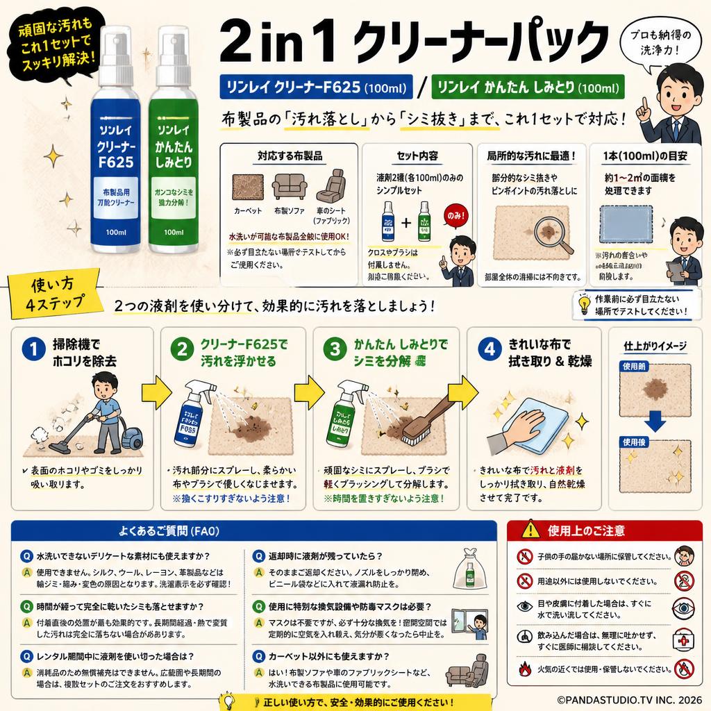 2 in 1 クリーナーパック【リンレイ クリーナーF625（100ml) / リンレイ かんたん しみとり(100ml) 】 FAQ（よくある質問と答え）