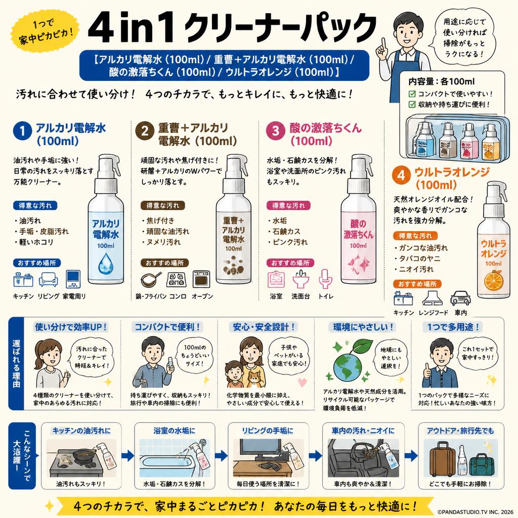 4 in 1 クリーナーパック【アルカリ電解水 （100m）/ 重曹 + アルカリ電解水 (100ml) / 酸の激落ちくん (100ml) /ウルトラオレンジ (100ml) 】 概要
