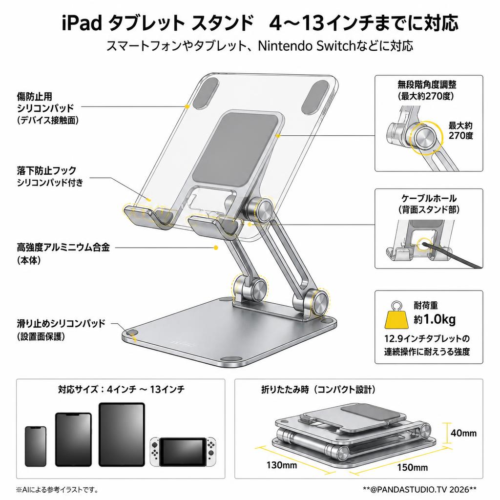 iPad タブレット スタンド ４～13インチまでに対応 スペック
