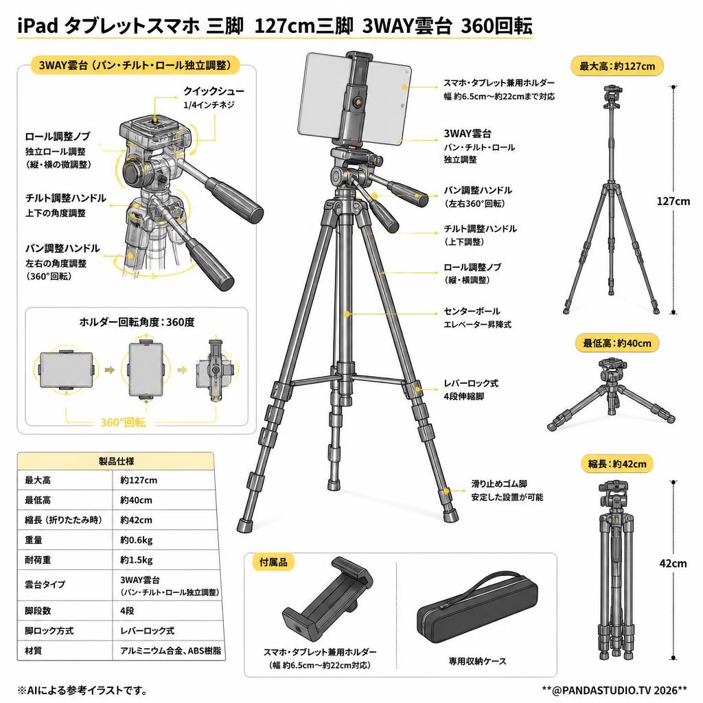 iPad タブレットスマホ 三脚  127cm三脚 3WAY雲台 360回転 スペック