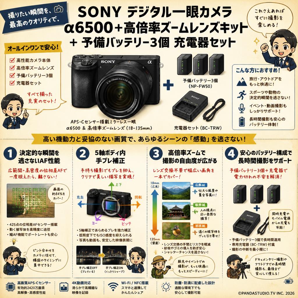 SONY デジタル一眼カメラα6500＋高倍率ズームレンズキット ＋ 予備バッテリー3個 充電器セット 概要