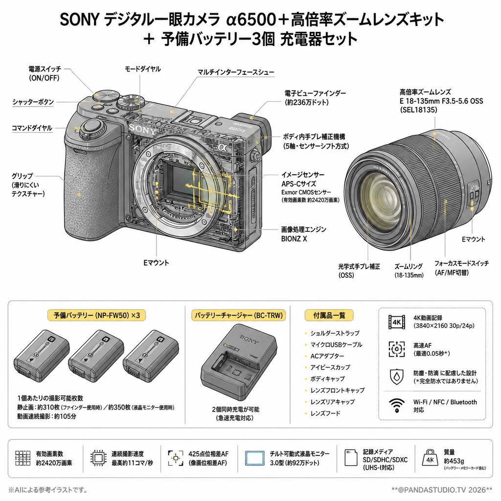 SONY デジタル一眼カメラα6500＋高倍率ズームレンズキット ＋ 予備バッテリー3個 充電器セット スペック