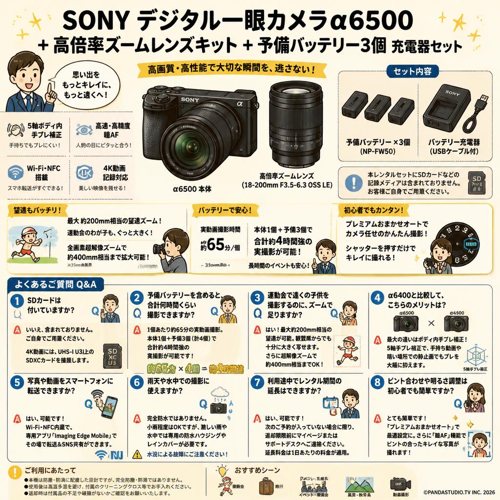 SONY デジタル一眼カメラα6500＋高倍率ズームレンズキット ＋ 予備バッテリー3個 充電器セット FAQ（よくある質問と答え）