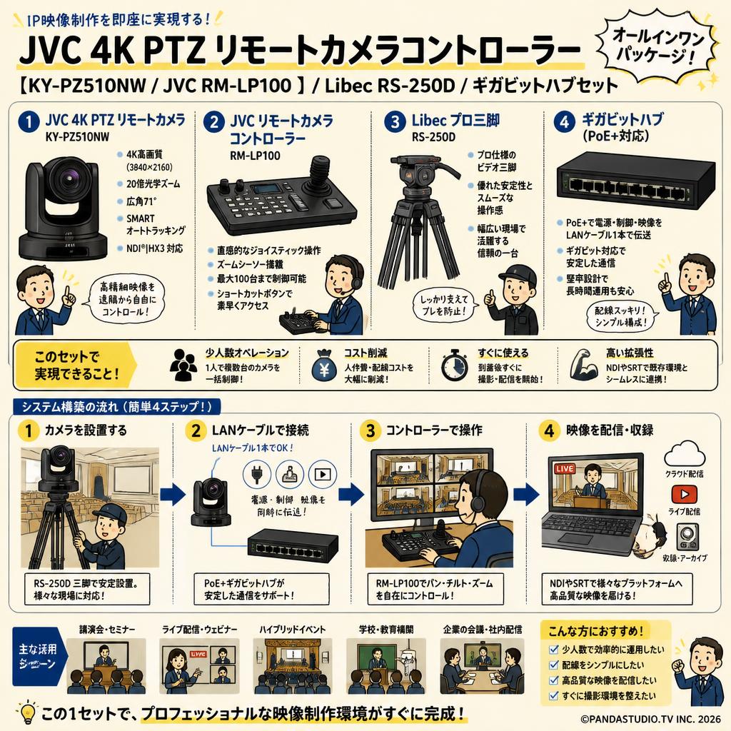 JVC 4K PTZ リモートカメラコントローラー【KY-PZ510NW /  JVC RM-LP100 】/ Libec RS-250D / ギガビットハブセット 概要