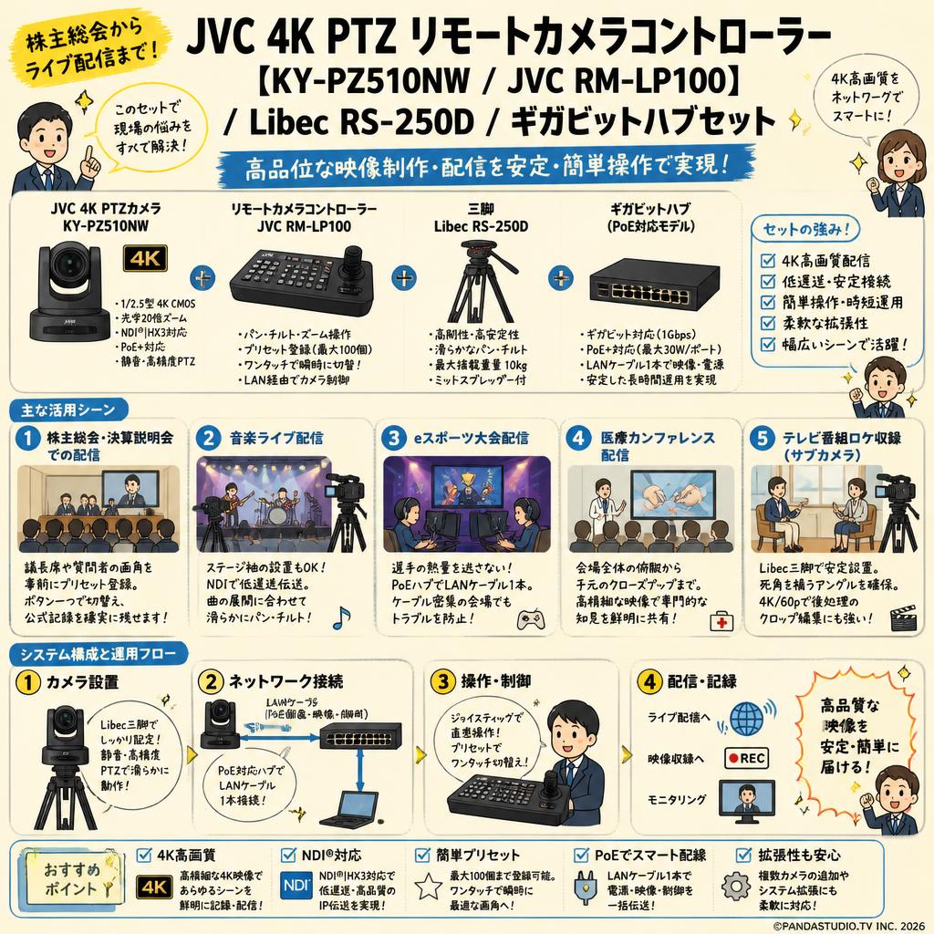 JVC 4K PTZ リモートカメラコントローラー【KY-PZ510NW /  JVC RM-LP100 】/ Libec RS-250D / ギガビットハブセット 用途