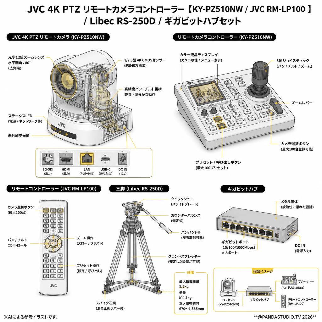 JVC 4K PTZ リモートカメラコントローラー【KY-PZ510NW /  JVC RM-LP100 】/ Libec RS-250D / ギガビットハブセット スペック