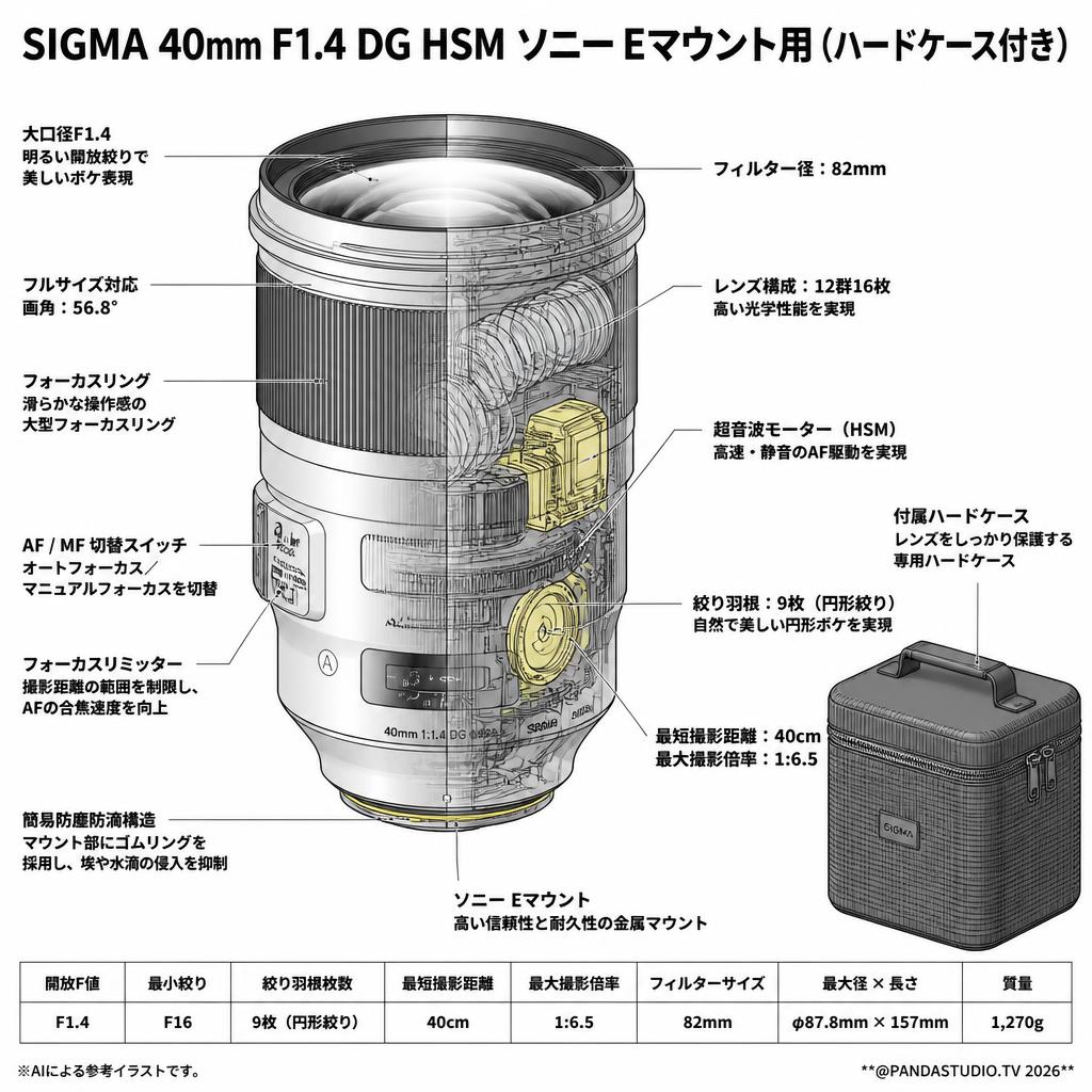 SIGMA 40mm F1.4 DG HSM ソニーEマウント用(ハードケース付き) スペック