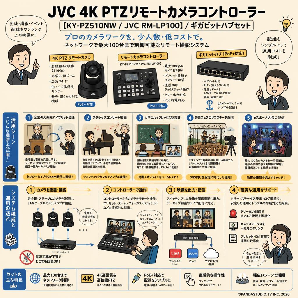 JVC 4K PTZ リモートカメラコントローラー【KY-PZ510NW /  JVC RM-LP100 】/ ギガビットハブセット 用途