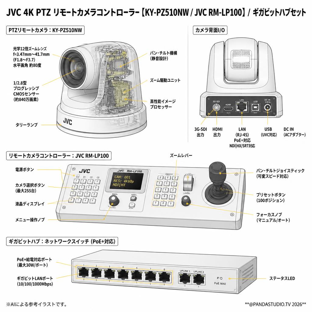 JVC 4K PTZ リモートカメラコントローラー【KY-PZ510NW /  JVC RM-LP100 】/ ギガビットハブセット スペック