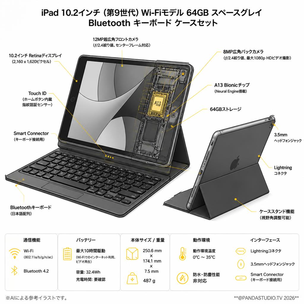 Apple iPad10.2インチ Wi-Fiモデル 64GB スペースグレイ（第9世代）/ Bluetooth キーボード ケースセット スペック