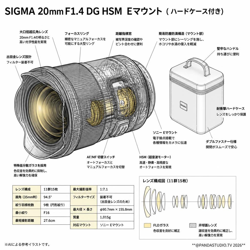 SIGMA 20mm F1.4 DG HSM  Eマウント  ( ハードケース付き) スペック