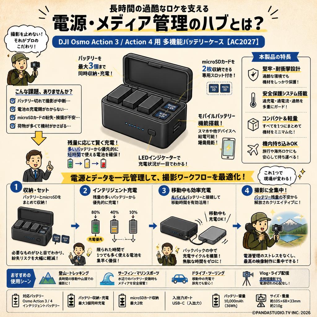DJI  Osmo Action 3 / Action 4 用 多機能バッテリーケース【AC2027】 概要