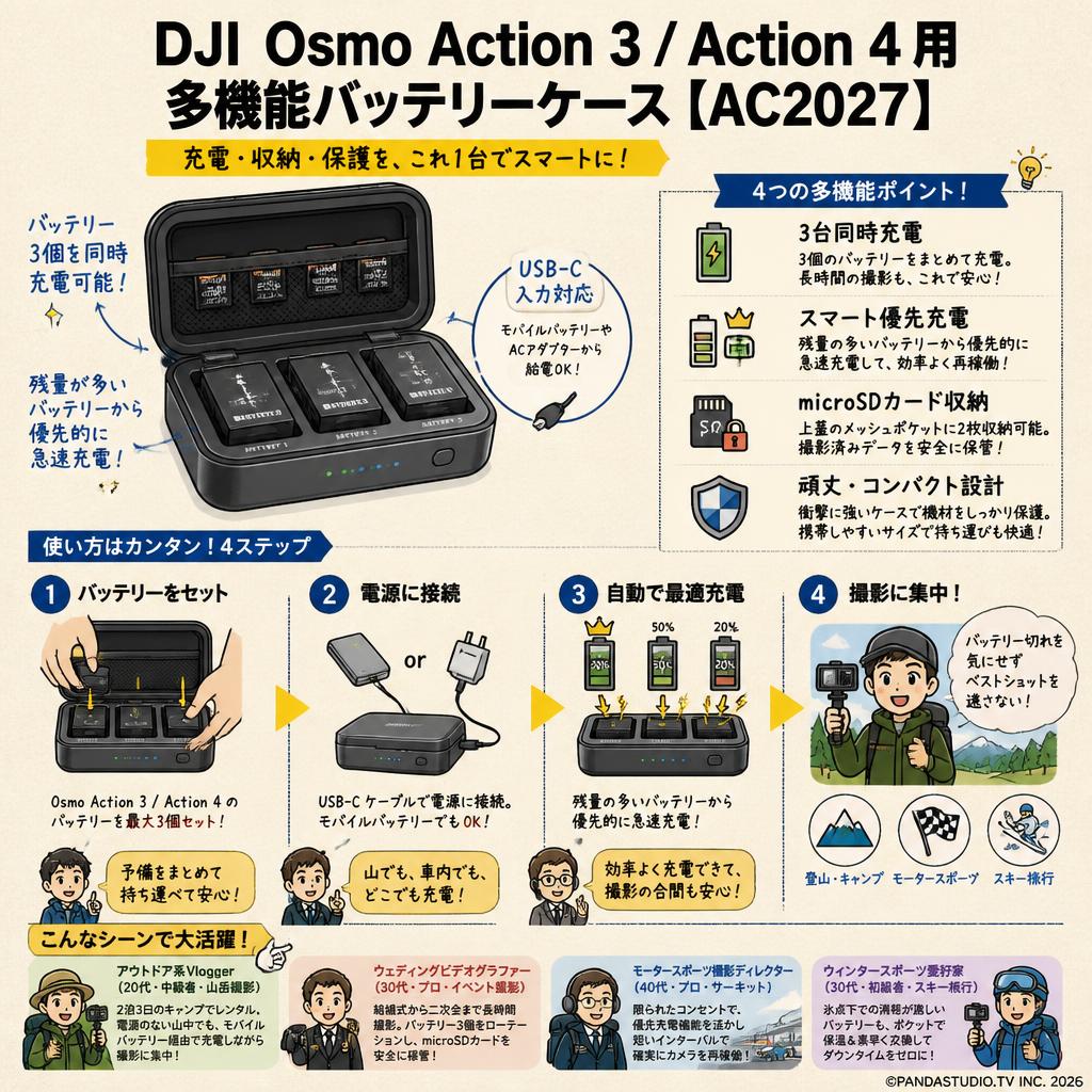DJI  Osmo Action 3 / Action 4 用 多機能バッテリーケース【AC2027】 おもな対象のお客様
