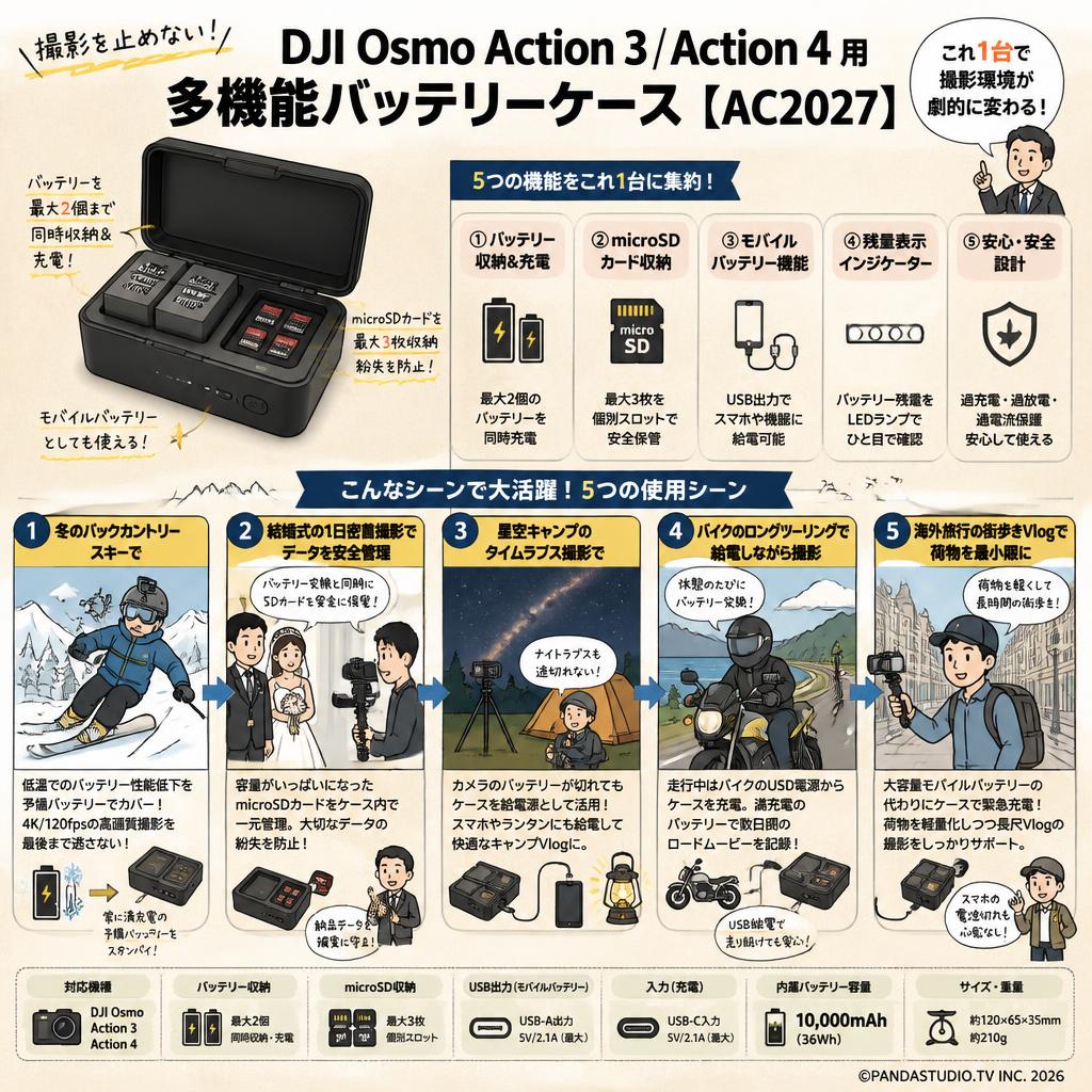 DJI  Osmo Action 3 / Action 4 用 多機能バッテリーケース【AC2027】 用途