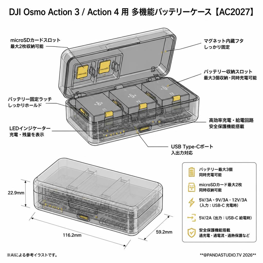 DJI  Osmo Action 3 / Action 4 用 多機能バッテリーケース【AC2027】 スペック
