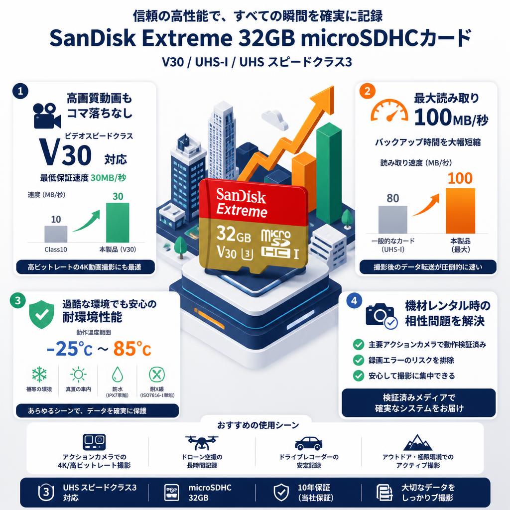 SanDisk  Extreme 32GB microSDHCカード V30 UHS-1 UHS スピードクラス3 セールスポイント