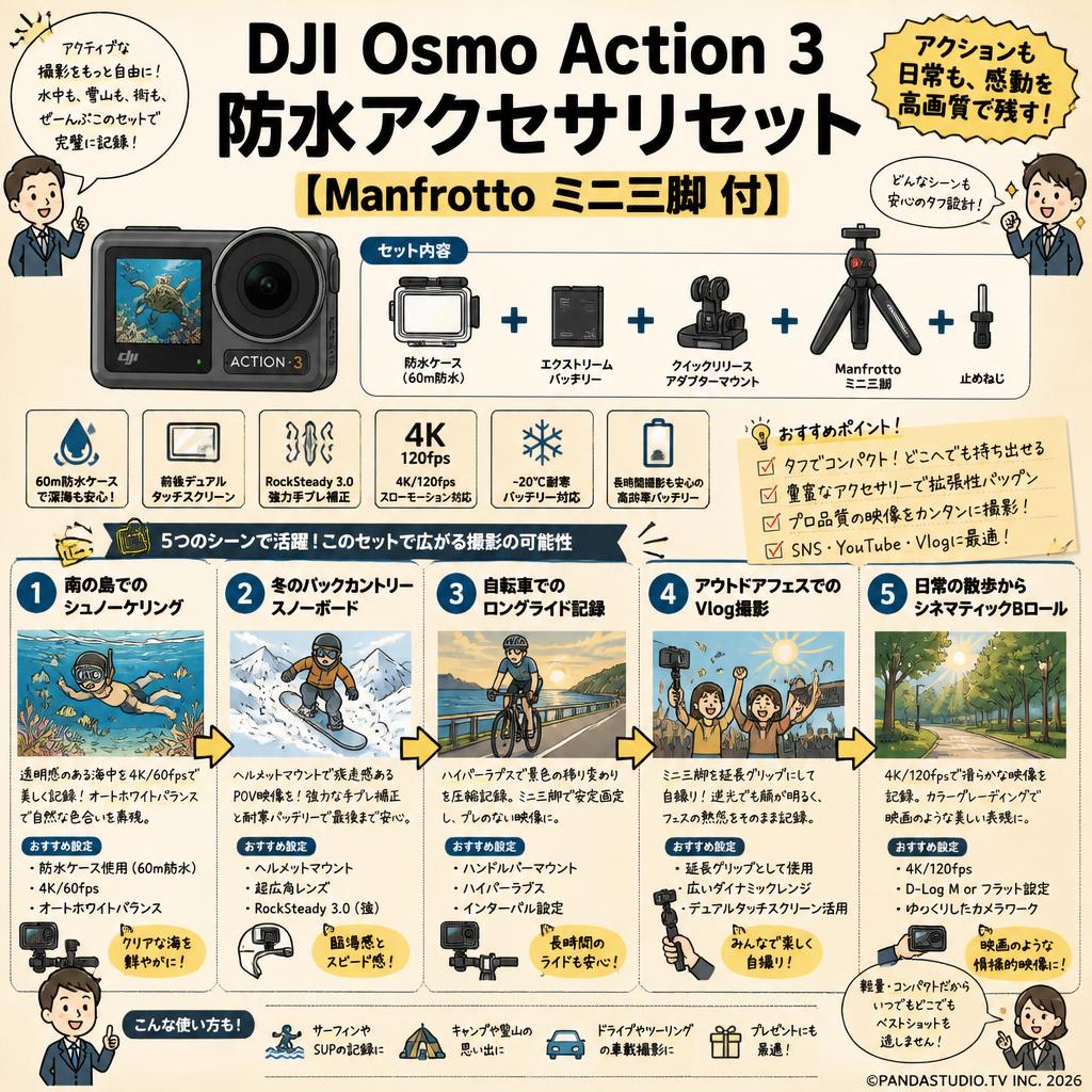 DJI  Osmo Action 3 防水アクセサリセット【Manfrotto ミニ三脚 付】 用途